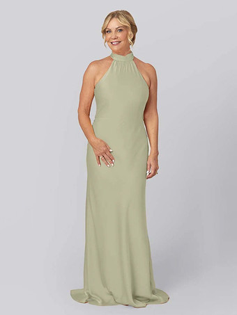 セージグリーンマザードレス ホルター ノースリーブ シース カットアウト フロアレングス ゲストドレス 結婚式用