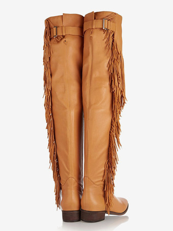 レディース フラットオーバーニーブーツ タッセル付き ラウンドトゥ バックルディテールブーツ