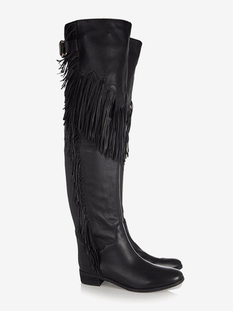 レディース フラットオーバーニーブーツ タッセル付き ラウンドトゥ バックルディテールブーツ