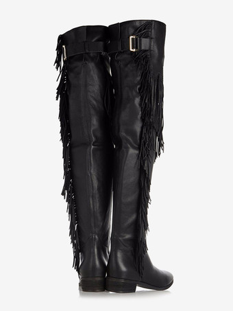 レディース フラットオーバーニーブーツ タッセル付き ラウンドトゥ バックルディテールブーツ