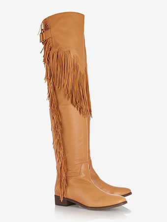 レディース フラットオーバーニーブーツ タッセル付き ラウンドトゥ バックルディテールブーツ