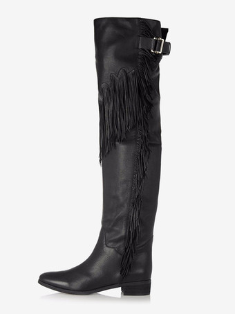 PUブラックレディース フラットオーバーニーブーツ タッセル付き ラウンドトゥ バックルディテールブーツ