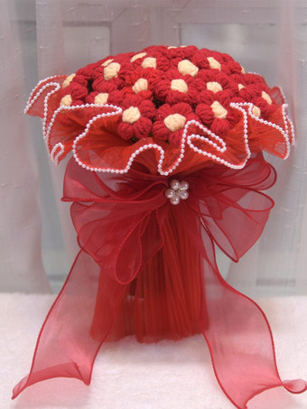 rojo Flores para boda hermosa mezcla de poliéster y algodón forma con alambre