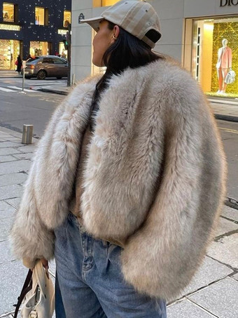 フェイクファー クロップドコート クルーネック 環境に優しい 冬用ショートジャケット レディース 2025