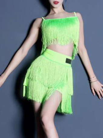 グラスグリーンラテンダンスコスチューム グラスグリーン レディース フリンジ エレガント ポリエステル トップスカート ダンスウェア