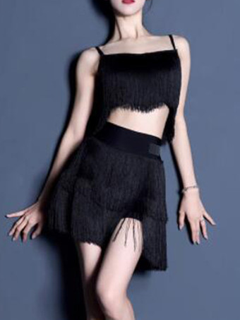 ブラック ラテンダンスコスチューム グラスグリーン レディース フリンジ エレガント ポリエステル トップスカート ダンスウェア