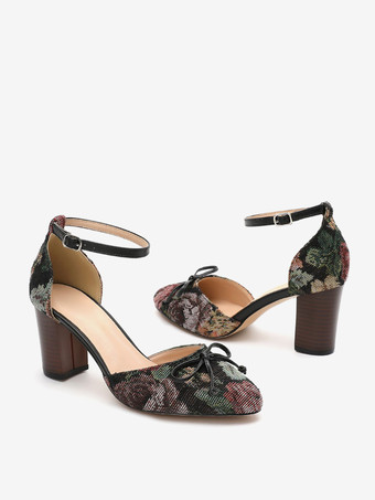 レディース デイリーカジュアル 快適 リボン 花柄 ヒール パンプス ラウンドトゥ チャンキーヒール ポリ/コットン混紡