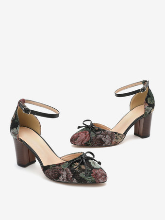 レディース デイリーカジュアル 快適 リボン 花柄 ヒール パンプス ラウンドトゥ チャンキーヒール ポリ/コットン混紡