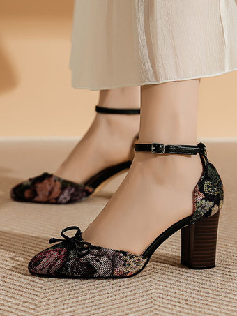 レディース デイリーカジュアル 快適 リボン 花柄 ヒール パンプス ラウンドトゥ チャンキーヒール ポリ/コットン混紡