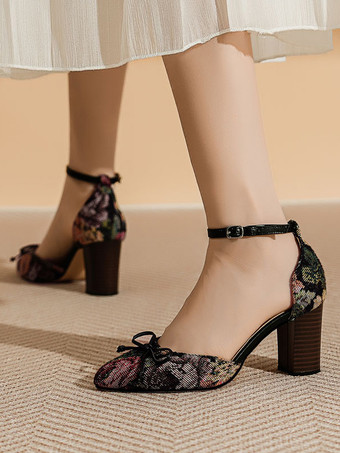 レディース デイリーカジュアル 快適 リボン 花柄 ヒール パンプス ラウンドトゥ チャンキーヒール ポリ/コットン混紡