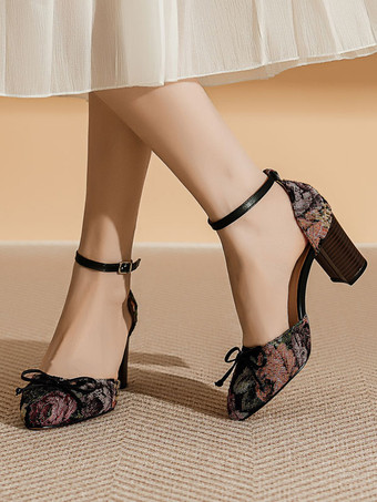 レディース デイリーカジュアル 快適 リボン 花柄 ヒール パンプス ラウンドトゥ チャンキーヒール ポリ/コットン混紡