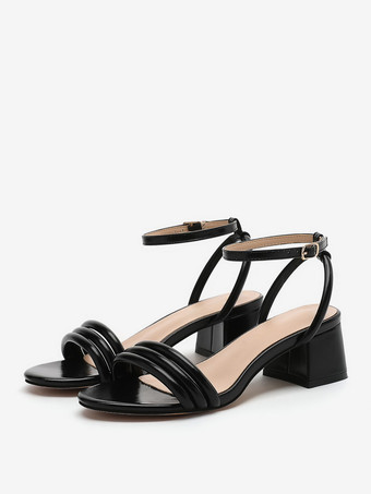 ブラック レディースヒールサンダル オープントゥサンダル チャンキーヒール PUレザー