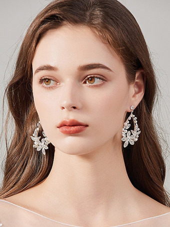 シルバー ウェディングイヤリング ラインストーン メタルピアス ブライダルジュエリー