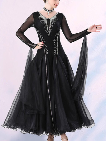 ブラック 社交ダンス衣装 パープル レディース エレガント Vネック ライクラ スパンデックス ドレス スパンコール ダンスドレス