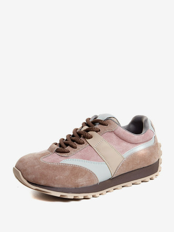 ピンクキャメル マイクロスエードアッパー ラウンドトゥ スニーカー レディース 1インチ カジュアルシューズ