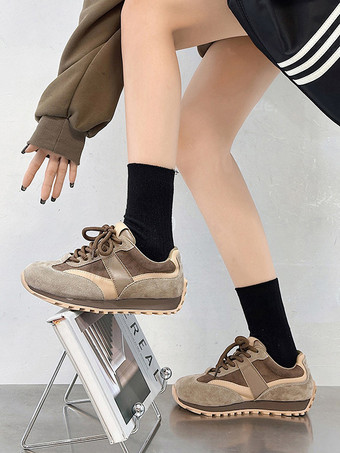 キャメル マイクロスエードアッパー ラウンドトゥ スニーカー レディース 1インチ カジュアルシューズ