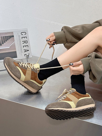 キャメル マイクロスエードアッパー ラウンドトゥ スニーカー レディース 1インチ カジュアルシューズ