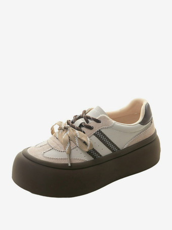 MarronBaskets à bout rond en cuir PU marron café pour femmes chaussures décontractées