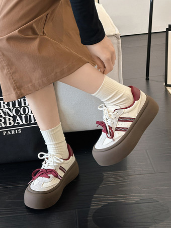 Baskets à bout rond en cuir PU marron café pour femmes chaussures décontractées