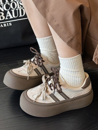 Baskets à bout rond en cuir PU marron café pour femmes chaussures décontractées