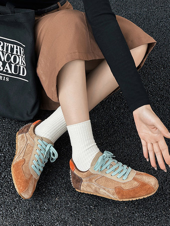 caqui Zapatillas de deporte de punta redonda con parte superior de gamuza micro morada de 06" para mujer zapatos casuales