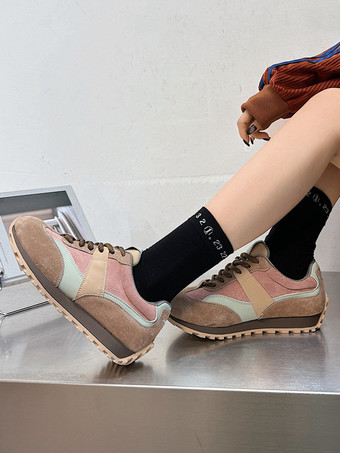 キャメル マイクロスエードアッパー ラウンドトゥ スニーカー レディース 1インチ カジュアルシューズ