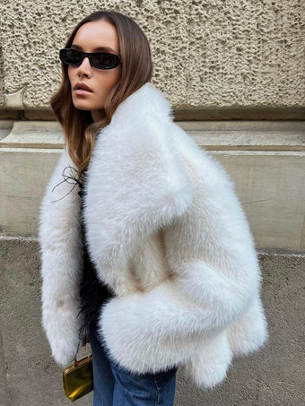 フェイクファーコート ラペル シック ホワイト 冬 エコフレンドリー ファージャケット