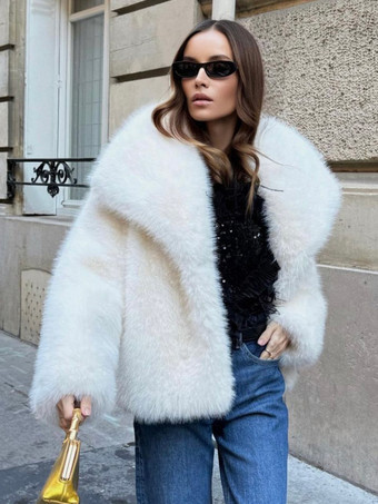 フェイクファーコート ラペル シック ホワイト 冬 エコフレンドリー ファージャケット