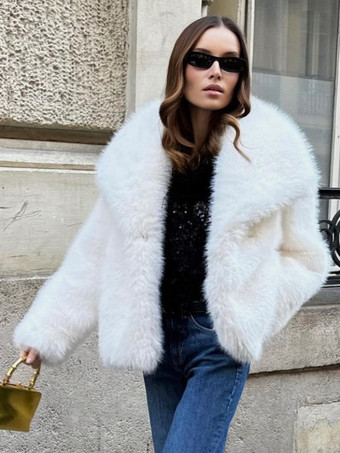 フェイクファーコート ラペル シック ホワイト 冬 エコフレンドリー ファージャケット