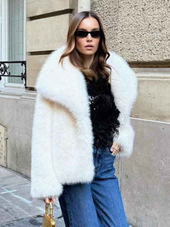 フェイクファーコート ラペル シック ホワイト 冬 エコフレンドリー ファージャケット