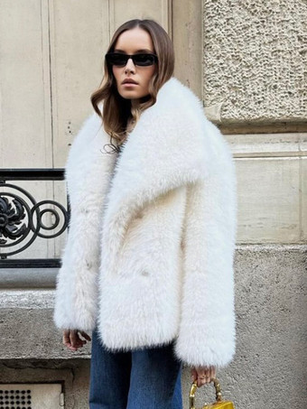 フェイクファーコート ラペル シック ホワイト 冬 エコフレンドリー ファージャケット