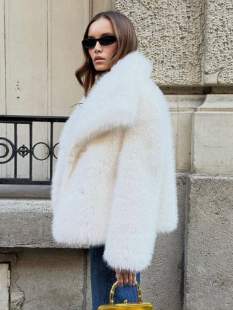 フェイクファーコート ラペル シック ホワイト 冬 エコフレンドリー ファージャケット