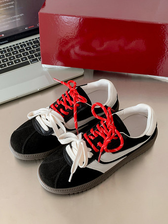 ブラック マイクロスエードアッパー ラウンドトゥ 1.2インチ スニーカー レディース カジュアルシューズ