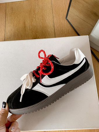 ブラック マイクロスエードアッパー ラウンドトゥ 1.2インチ スニーカー レディース カジュアルシューズ