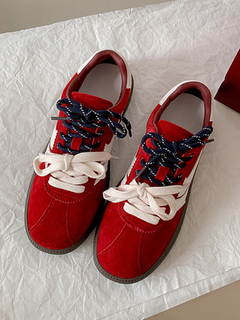 レッド ブラック マイクロスエードアッパー ラウンドトゥ 1.2インチ スニーカー レディース カジュアルシューズ