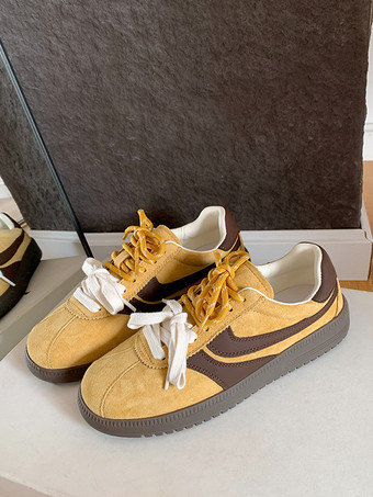 イエローブラック マイクロスエードアッパー ラウンドトゥ 1.2インチ スニーカー レディース カジュアルシューズ