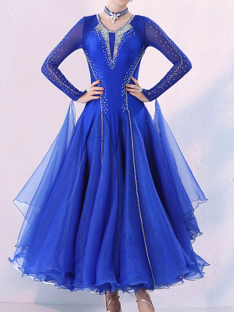 ロイヤルブルー社交ダンス衣装 パープル レディース エレガント Vネック ライクラ スパンデックス ドレス スパンコール ダンスドレス