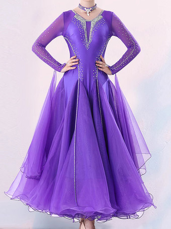 パープル 社交ダンス衣装 パープル レディース エレガント Vネック ライクラ スパンデックス ドレス スパンコール ダンスドレス