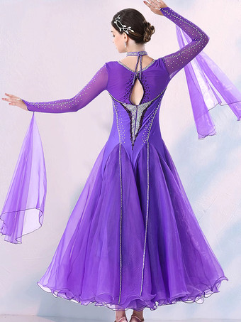 社交ダンス衣装 パープル レディース エレガント Vネック ライクラ スパンデックス ドレス スパンコール ダンスドレス