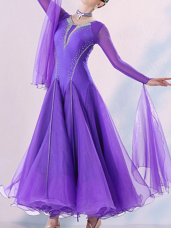 社交ダンス衣装 パープル レディース エレガント Vネック ライクラ スパンデックス ドレス スパンコール ダンスドレス
