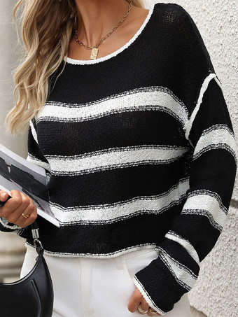 レディース プルオーバー ブラック ツートン ジュエルネック 長袖 オーバーサイズ ポリエステル セーター