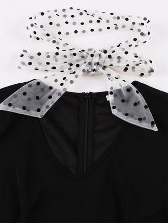 Abito retrò con colletto decorato e fiocchi stile Audrey Hepburn anni '50 abito nero medio a pois con maniche lunghe trasparenti