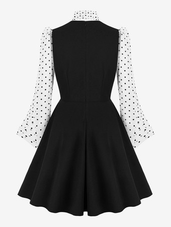 Abito retrò con colletto decorato e fiocchi stile Audrey Hepburn anni '50 abito nero medio a pois con maniche lunghe trasparenti