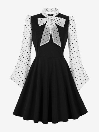 Nero Abito retrò con colletto decorato e fiocchi stile Audrey Hepburn anni '50 abito nero medio a pois con maniche lunghe trasparenti