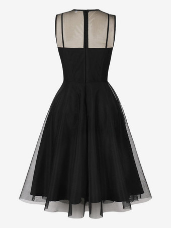 レトロドレス バーガンディ シアー 1950 年代 オードリー ヘプバーン スタイル リボン ノースリーブ ジュエルネック ミディアム ロカビリー ドレス