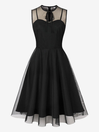 ブラック レトロドレス バーガンディ シアー 1950 年代 オードリー ヘプバーン スタイル リボン ノースリーブ ジュエルネック ミディアム ロカビリー ドレス