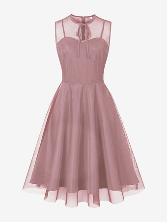 ピンクレトロドレス バーガンディ シアー 1950 年代 オードリー ヘプバーン スタイル リボン ノースリーブ ジュエルネック ミディアム ロカビリー ドレス