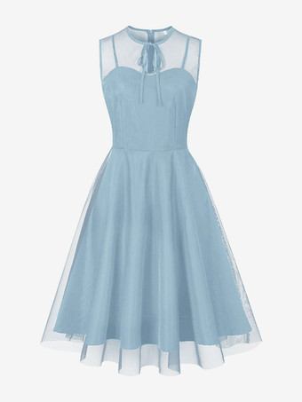 ライトスカイブルーレトロドレス バーガンディ シアー 1950 年代 オードリー ヘプバーン スタイル リボン ノースリーブ ジュエルネック ミディアム ロカビリー ドレス