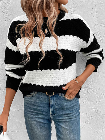 レディース プルオーバー ブラック ツートン ジュエルネック 長袖 レイヤード アクリル セーター