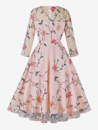 ヴィンテージドレス ジュエルネック 刺繍 1950年代 オードリー ヘップバーン スタイル 長袖 ミディアム ピンク スイングドレス